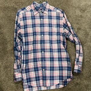 Vineyard Vines Navy and Pink Plaid Shirt